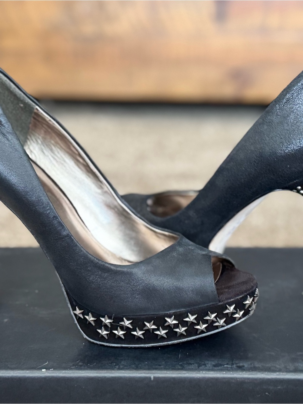 2 pair of women’s  Black Peep-Toe Platform Heels with Star Stud Trim.